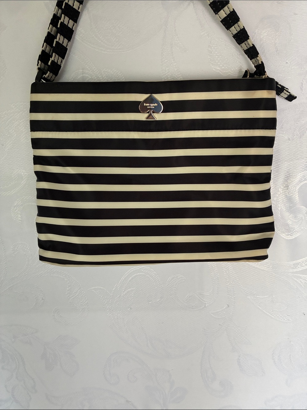 kate spade Black and Cream Striped Shoulder Bag with Spade Logo